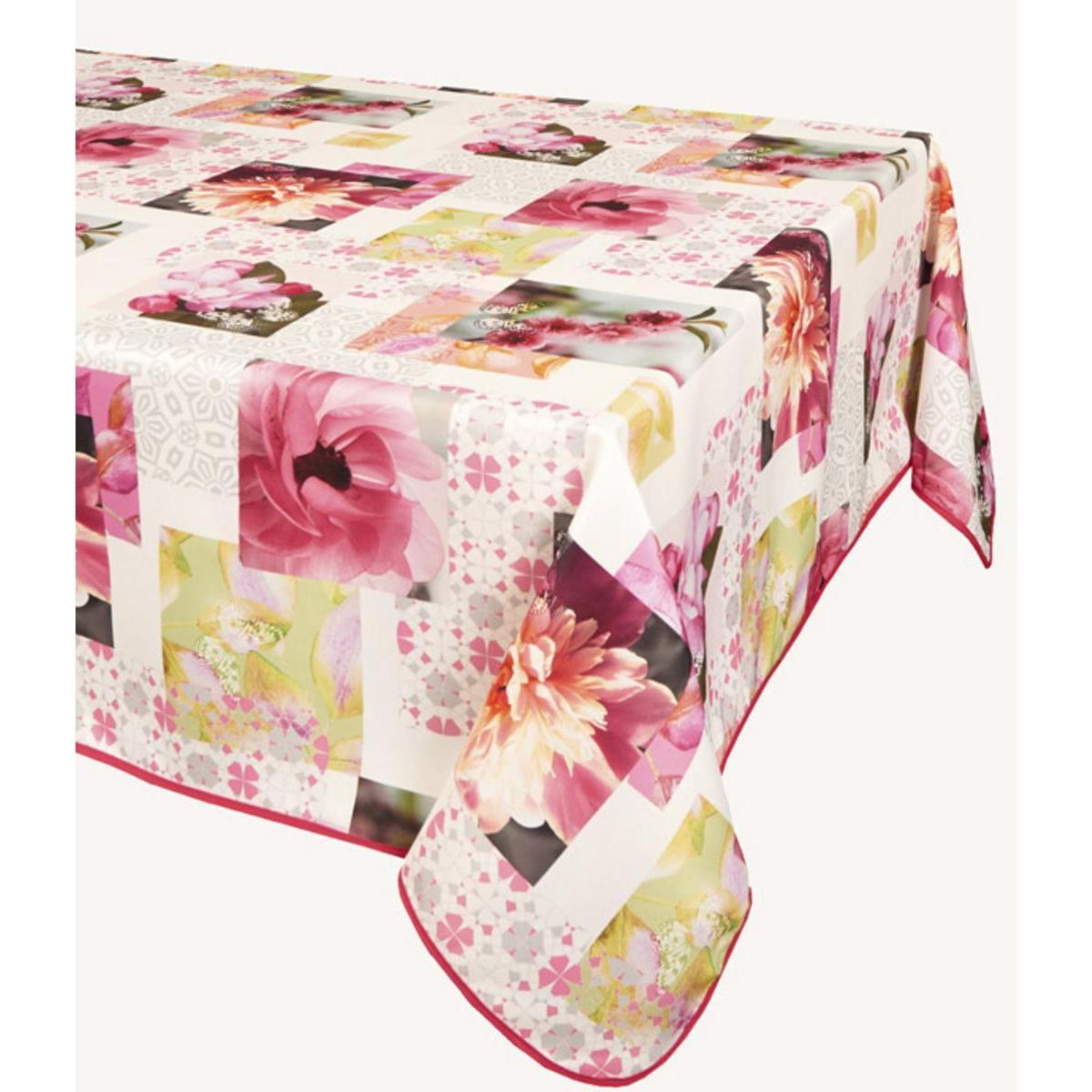 Toile cirée carrée - 100 % Polyester - 180 x 180 cm - Rose et blanc