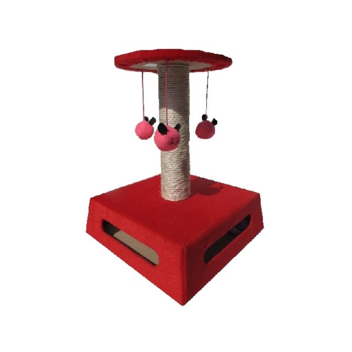 Arbre à chat avec jouets - 34 x 34 x H 41 cm - Textile et bois - Rouge