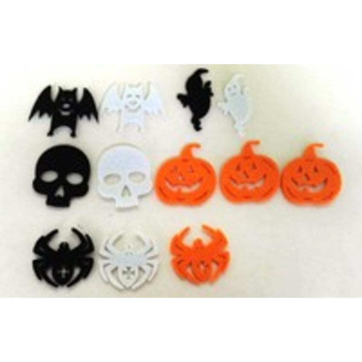 12 embellissements Halloween - Feutrine - 5 à 6 cm - Noir, orange et blanc