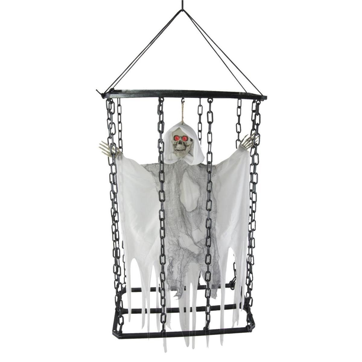 Squelette en cage sonore et lumineux - Plastique et polyester - H 50 cm - Blanc