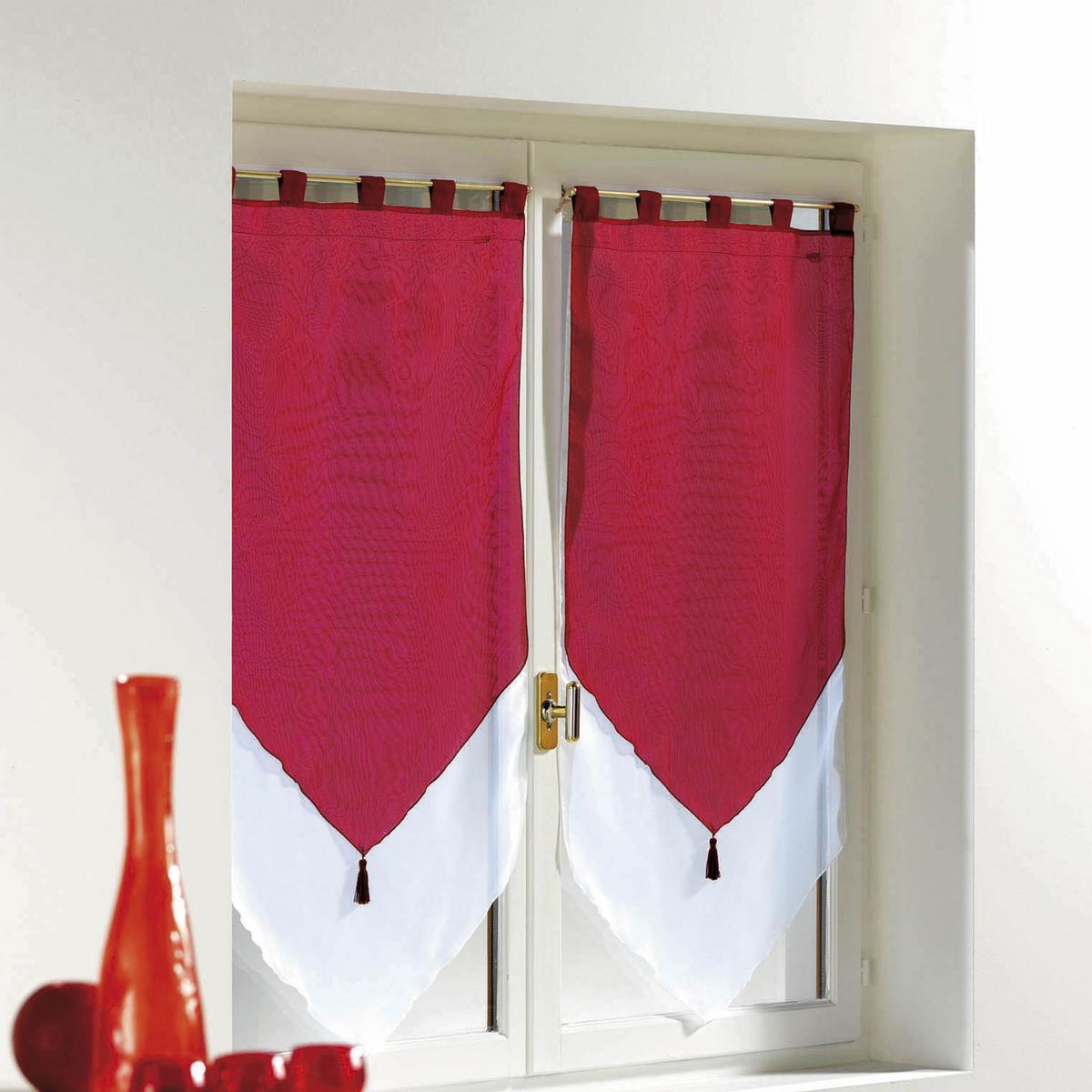 Paire de voiles passants à pompons duo - 45 x H 120 cm - Blanc et rouge