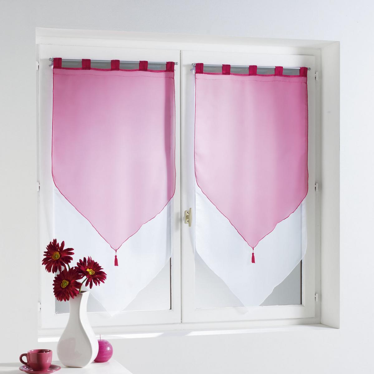 Paire de voiles passants à pompons duo - 60 x H 120 cm - Blanc et rose magenta