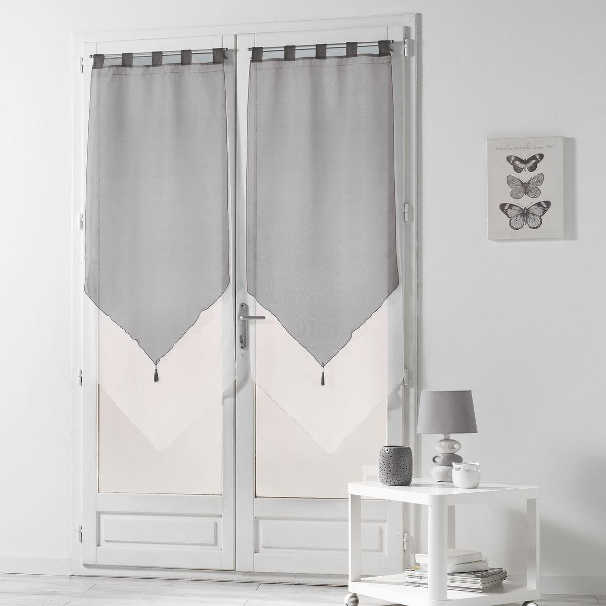 Paire de voiles passants à pompons duo - 60 x H 160 cm - Blanc et gris