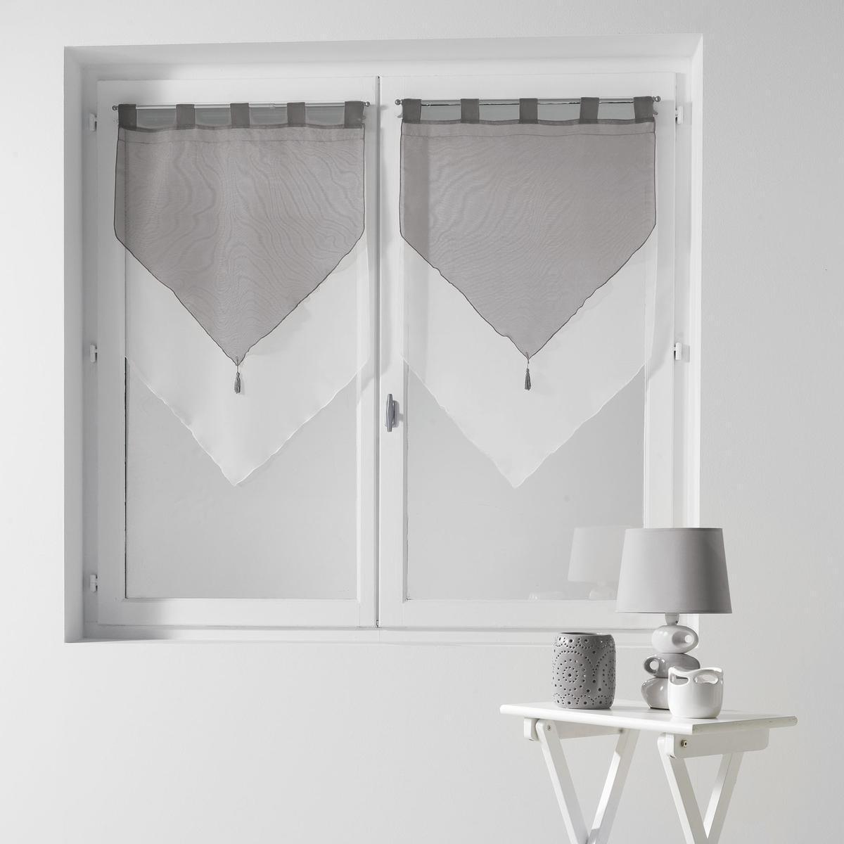 Paire de voiles passants à pompons duo - 60 x H 90 cm - Blanc et gris