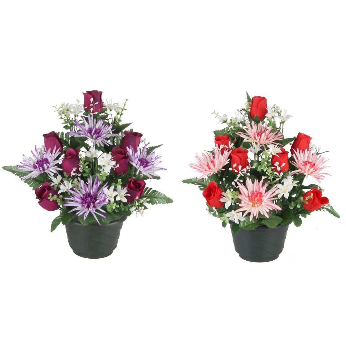 Composition de chrysanthèmes et roses - Rouge ou violet