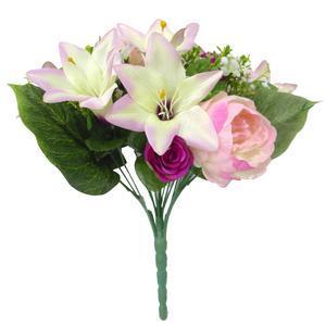 Bouquet de pivoines, boutons de roses et lys - H 40 cm