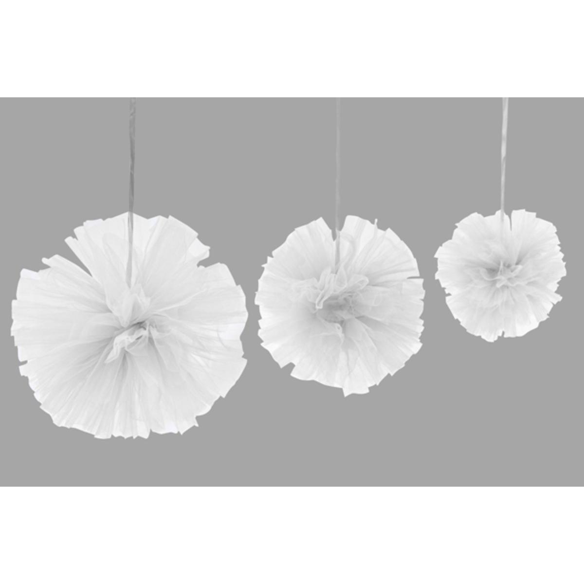 pompom tulle a suspendre (x 3) 15 cm + 20 cm + 30 cm blanc