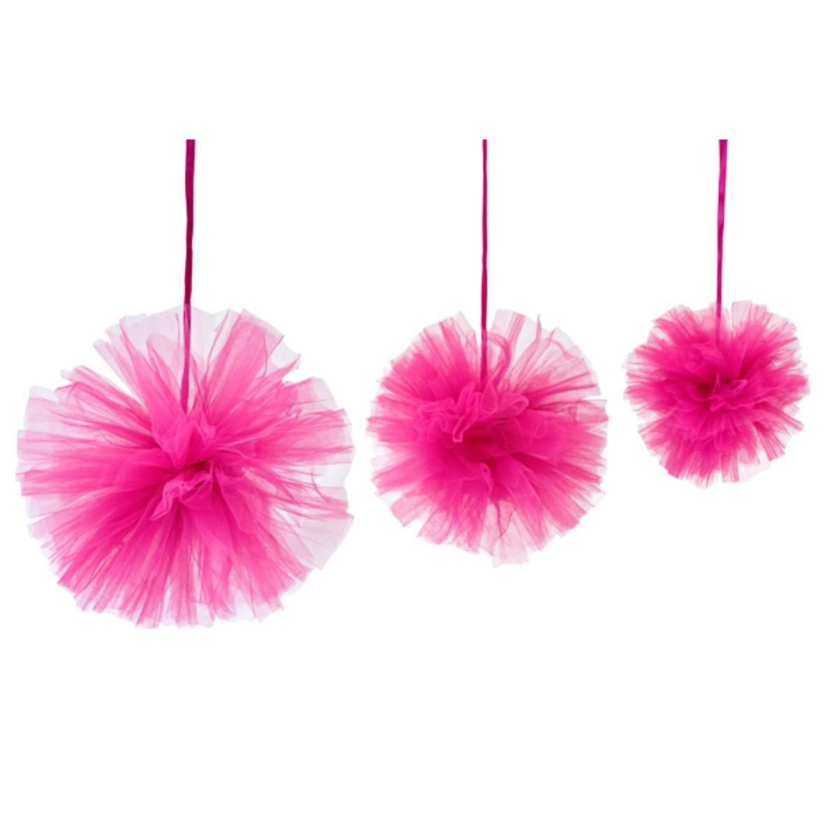 3 pompons tulle à suspendre - Rose