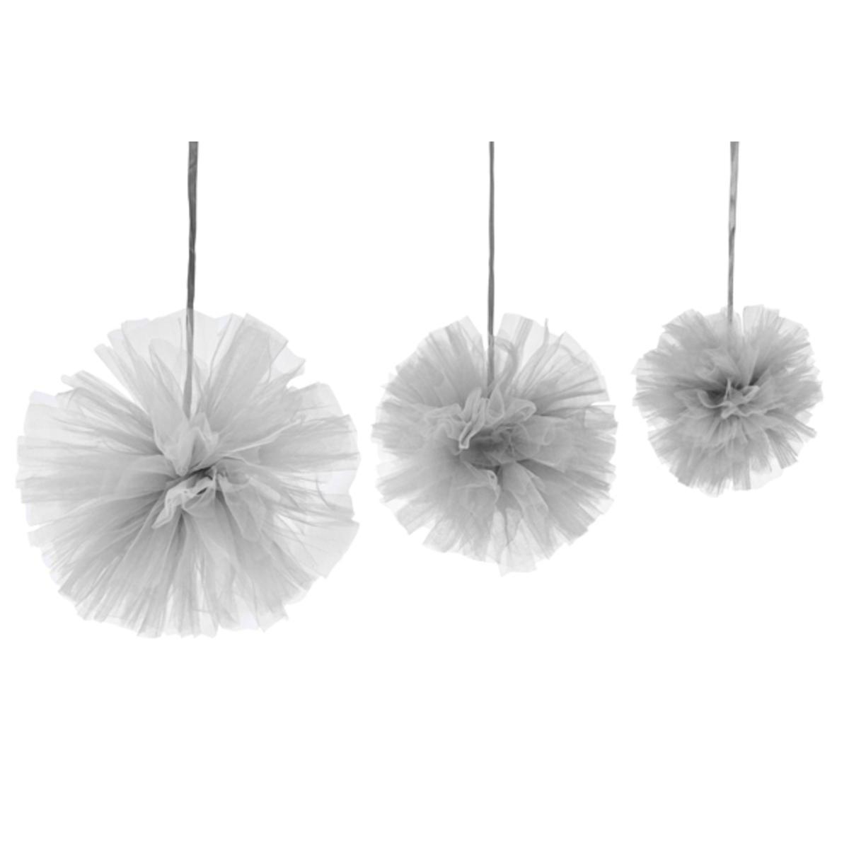 pompom tulle a suspendre (x 3) 15 cm + 20 cm + 30 cm gris