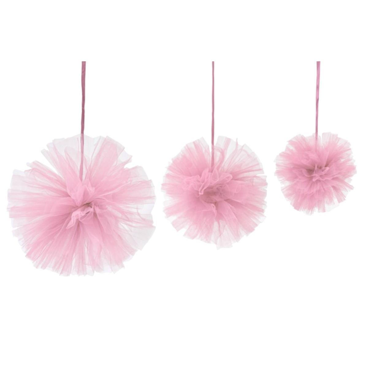 pompom tulle a suspendre (x 3) 15 cm + 20 cm + 30 cm rose