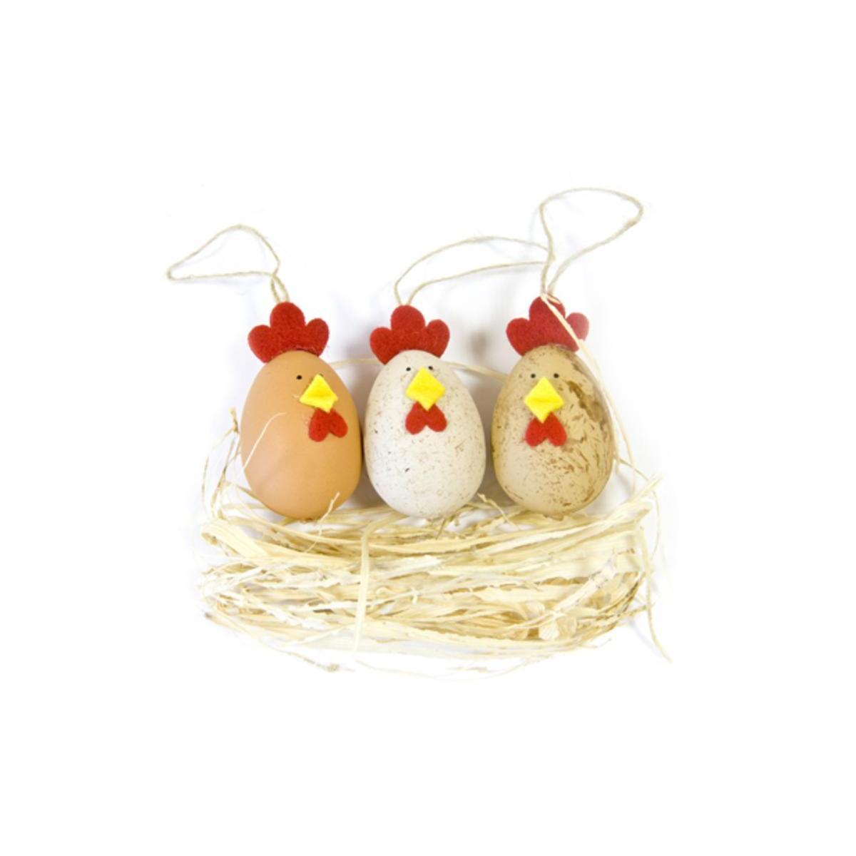 3 œufs décor poule + paille - Beige