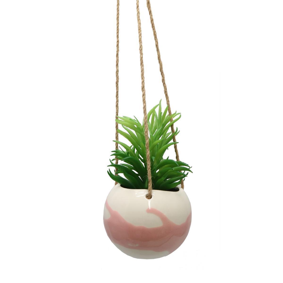 Suspension succulente en pot décoré - H 16 cm - Vert