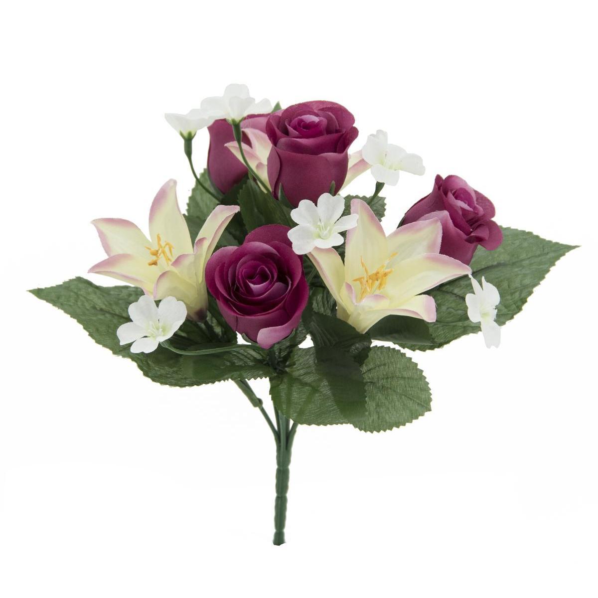 Bouquet de boutons de Roses & Lys - H 26 cm - Rose, Rouge