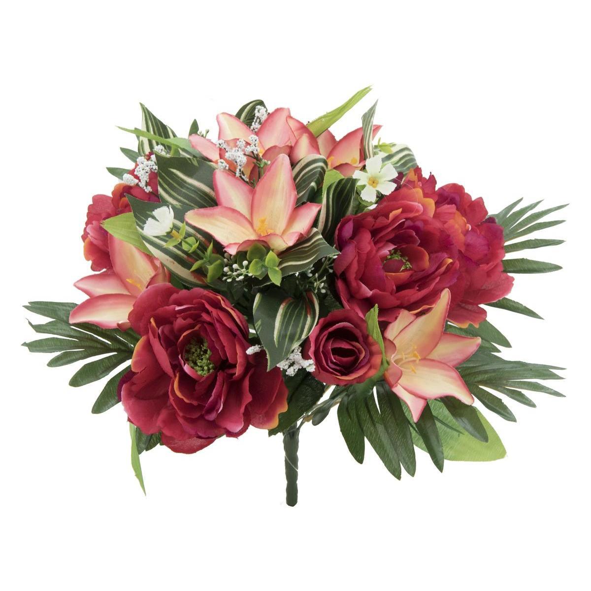 Bouquet de Pivoines, Lys et palmes - H 38 cm - Rose, Rouge