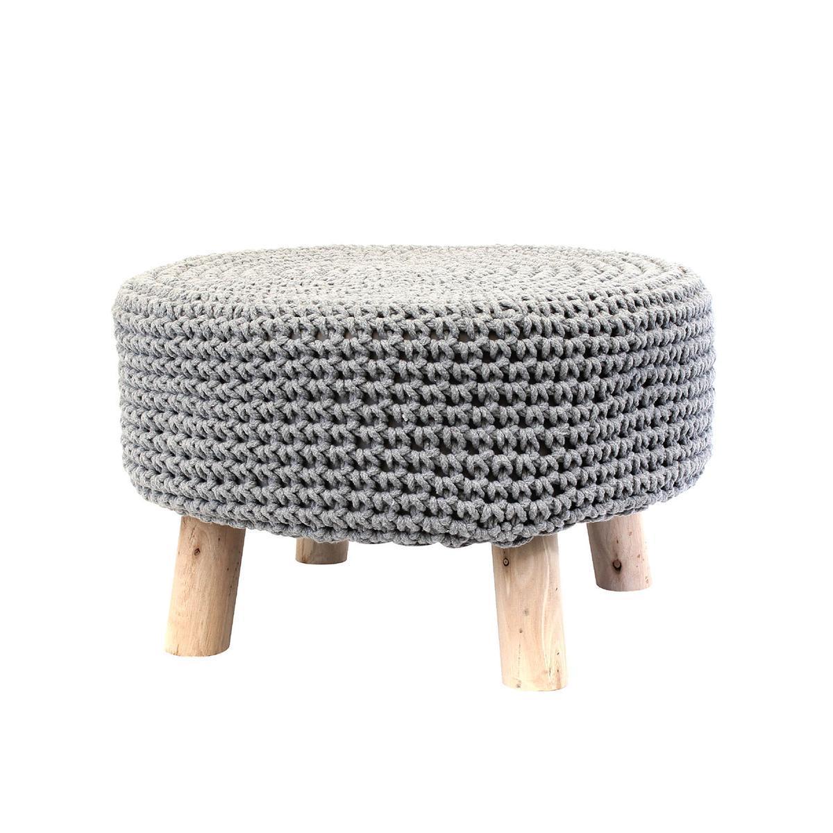 Pouf tressé bas - Différents coloris - ø 49 x H 28 cm - Gris clair - HOME DECO FACTORY