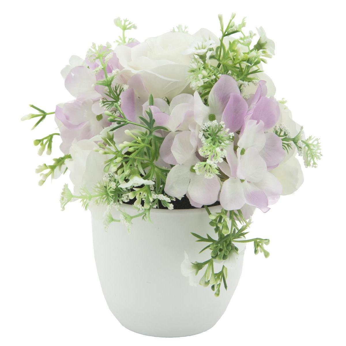 Roses et Hortensias en pot rond plastique - H 19 cm