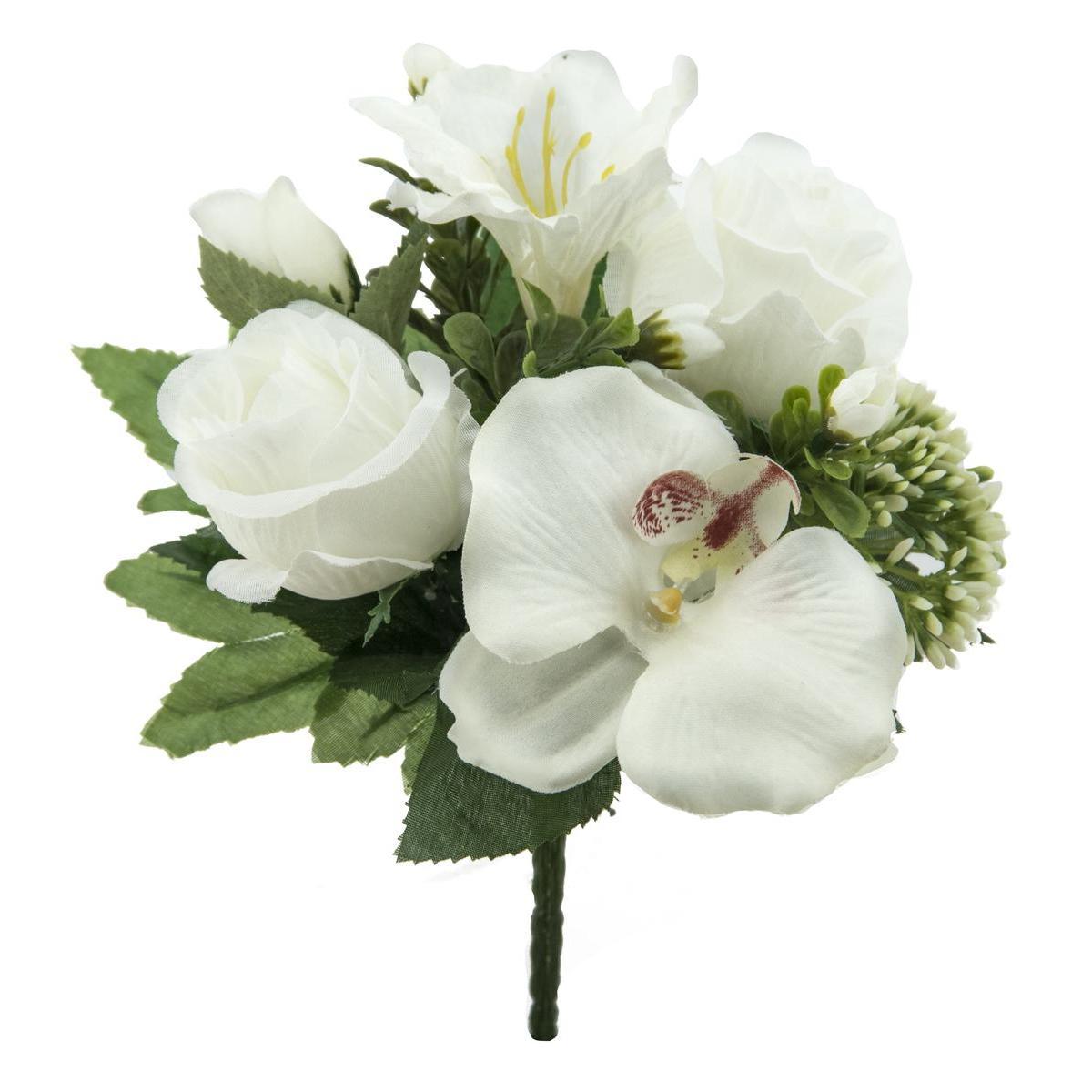 Mini-bouquet Orchidées & Roses - H 21 cm - Blanc