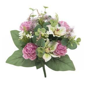 Bouquet champêtre magnolias, renoncules, chardons, feuillages - H 36 cm
