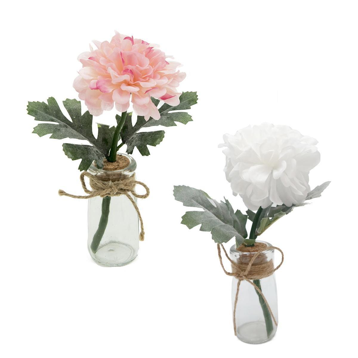 Flacon verre + Dahlia - H 22 cm - Rose, Blanc