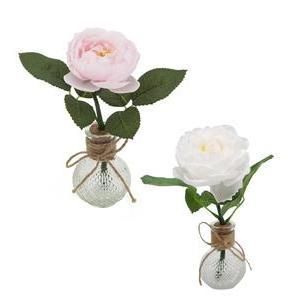 Flacon verre + Renoncule - H 20 cm - Rose, Blanc