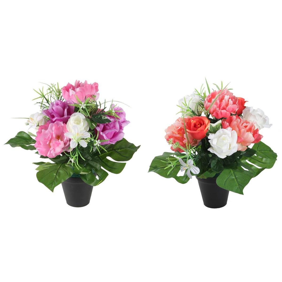 Composition de roses et pivoines en pot - Rose, rouge