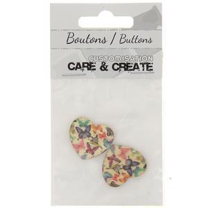 Carte 2 boutons coeur bois ø 25 mm - papillon - Multicolore