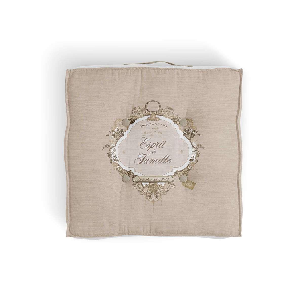 Coussin tapissier Esprit famille - 40 x 40 x H 8 cm - Beige