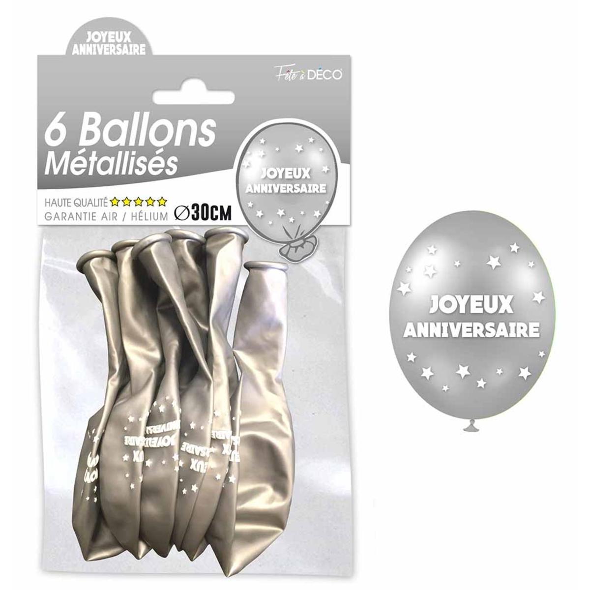 Sachet 6 ballons métal argent joyeux anniversaire