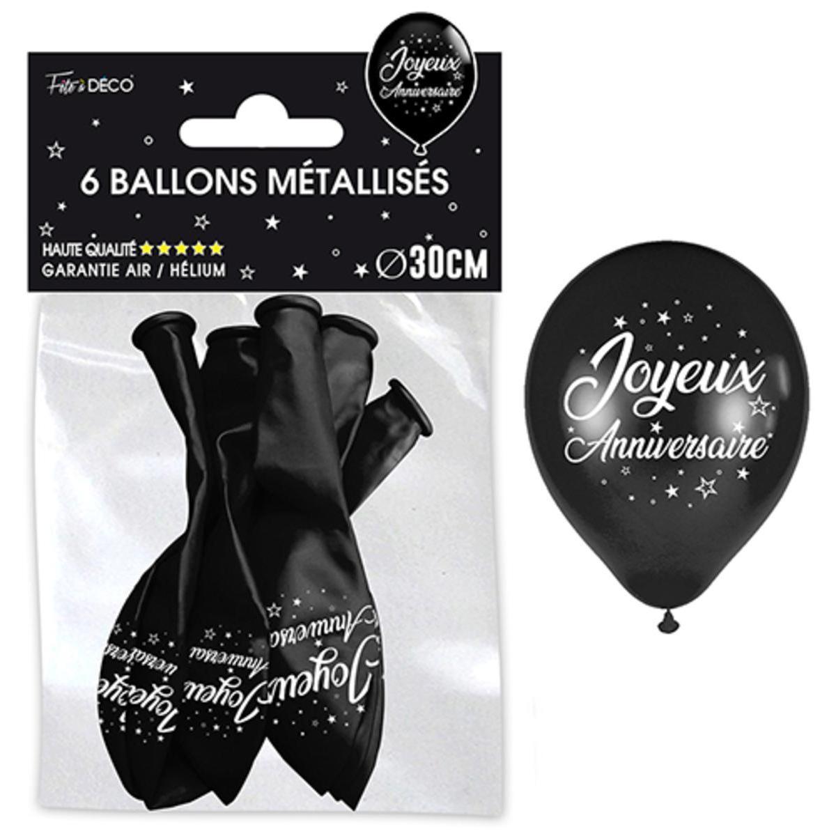 Sachet 6 ballons métal noir joyeux anniversaire