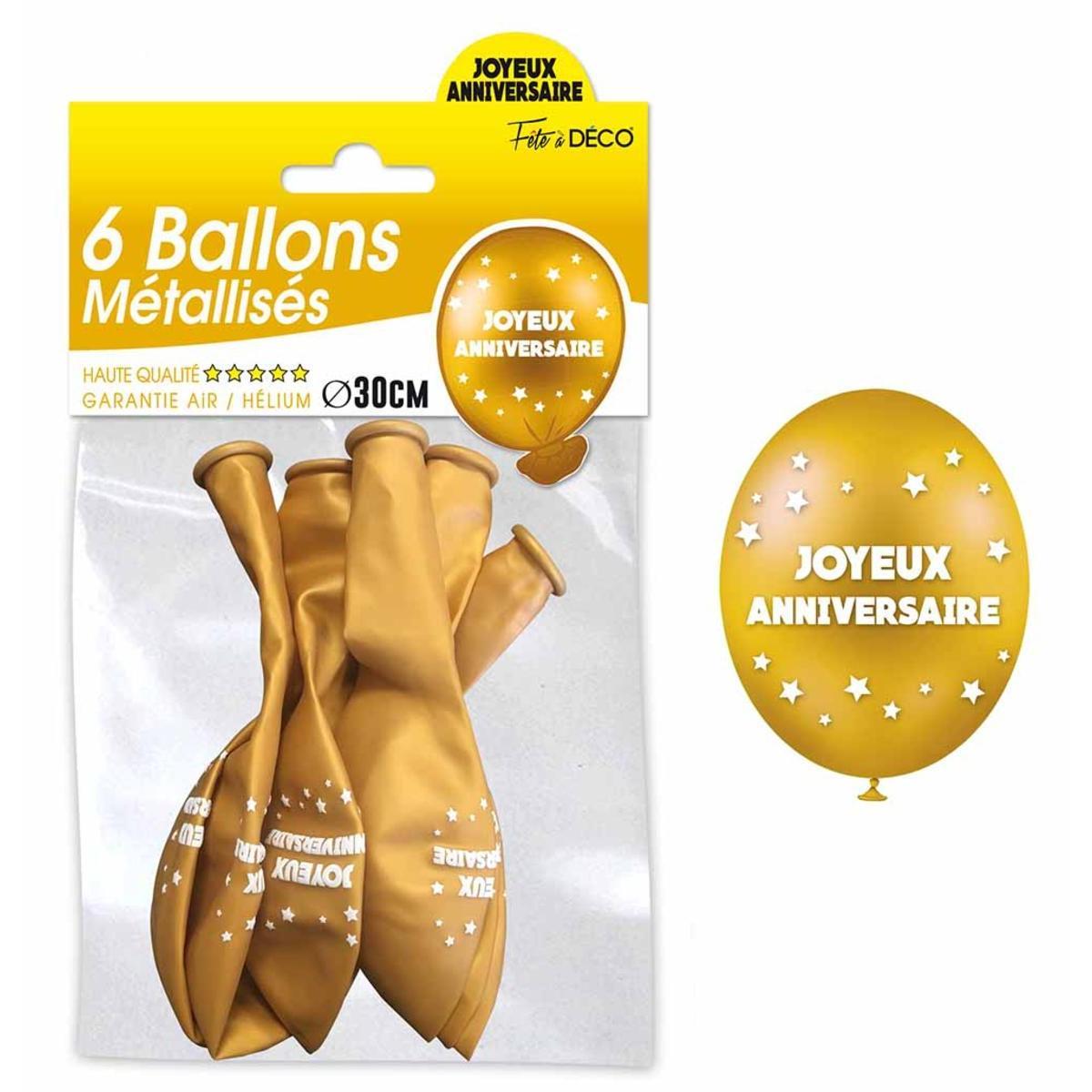 Sachet 6 ballons métal or joyeux anniversaire