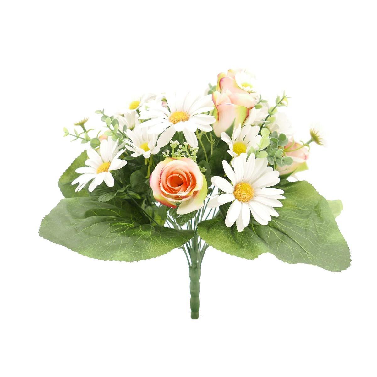 Bouquet Marguerites et boutons de Roses - H 38 cm - Blanc, Rose