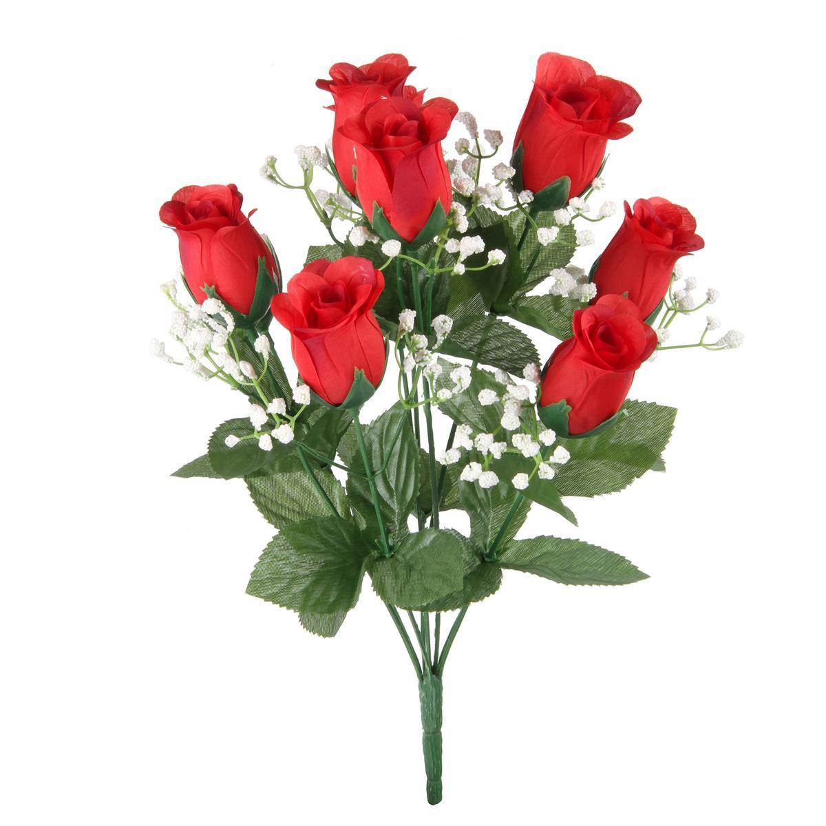 Bouquet de 9 boutons de roses et gypsophiles - H 38 cm