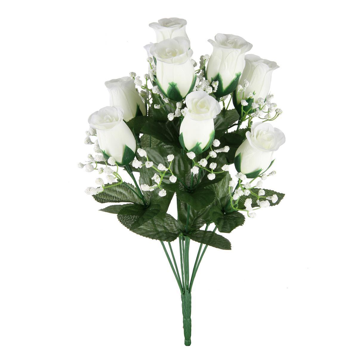 Bouquet 9 boutons de Roses et Gypsophiles - H 38 cm - Blanc