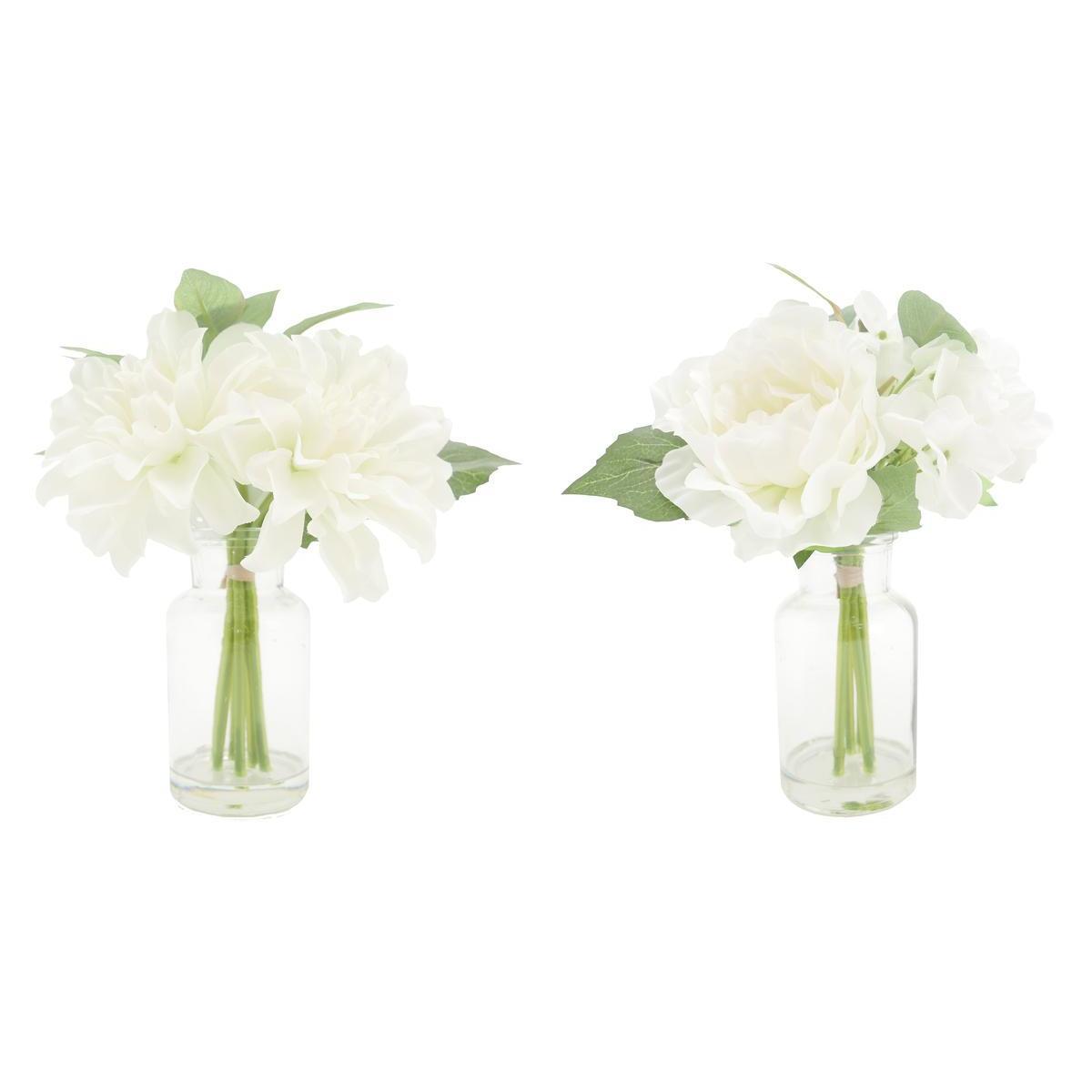 Dahlia et pivoine vase verre - H 17 cm - Blanc