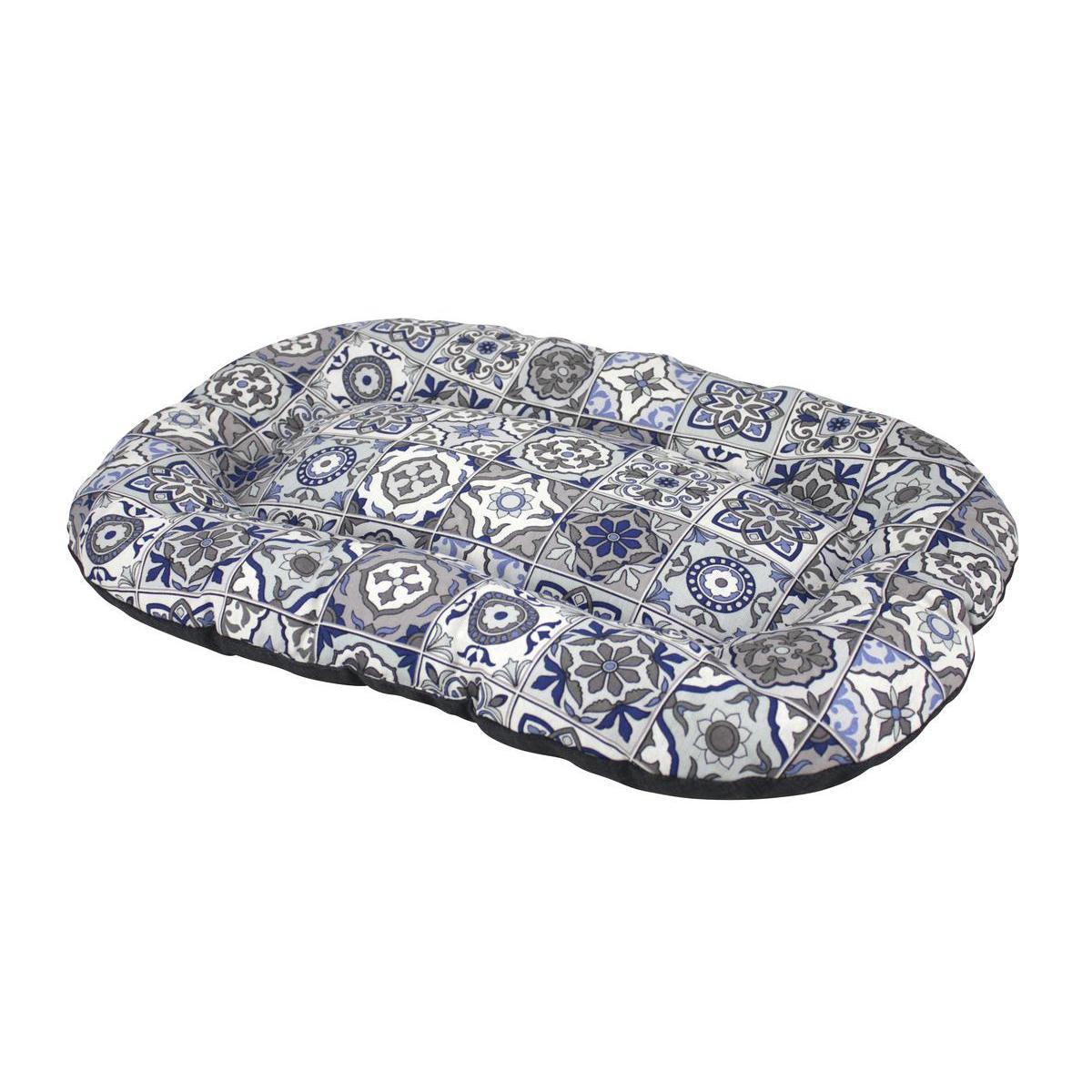 Matelas ovale réversible motifs carreaux de ciment - 70 x 40 cm - Bleu, gris