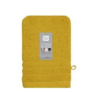 2 gants de toilette éponge unis - L 21 x H 1 x l 15 cm - Jaune