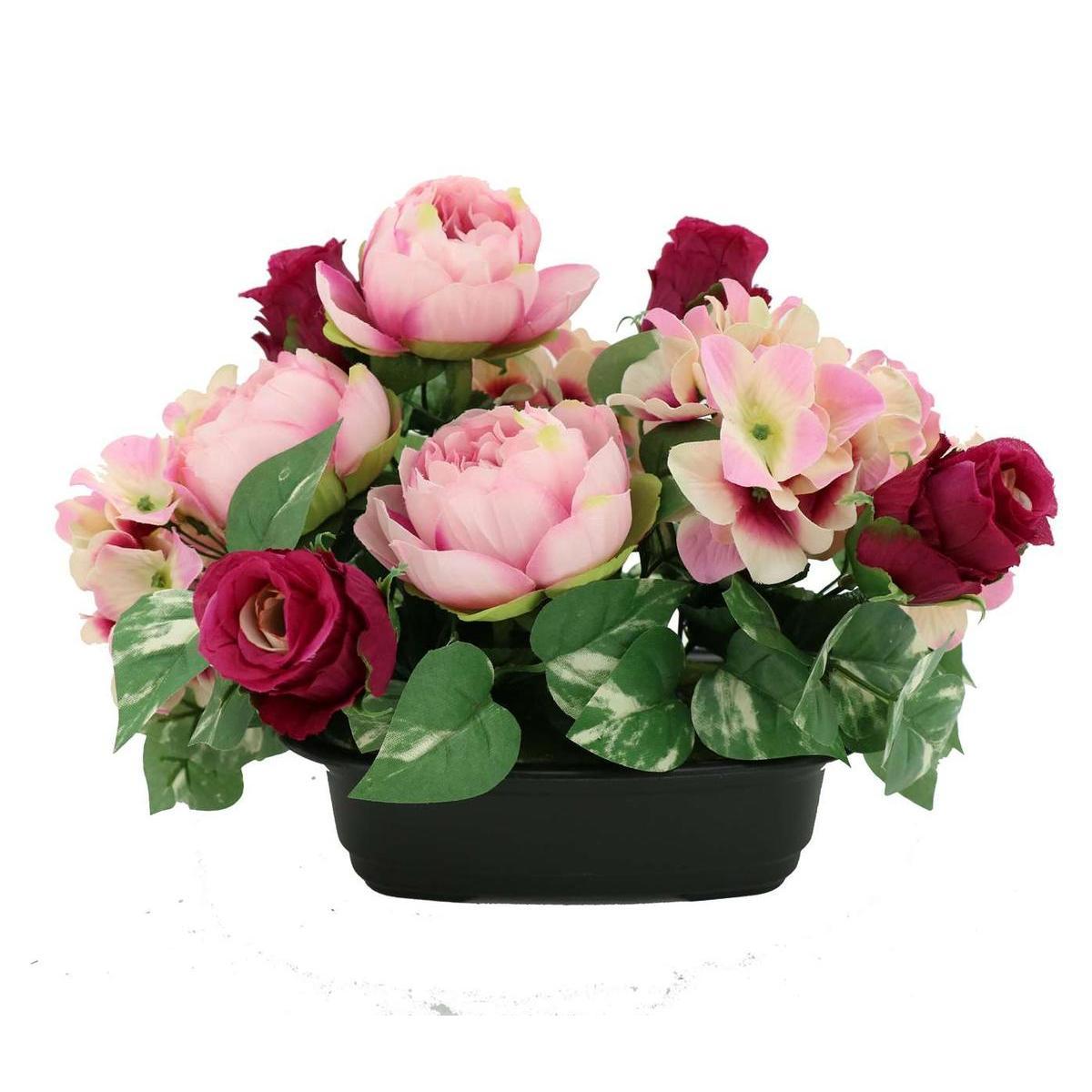 Jardinière de pivoines, boutons de rose et lierre synthétiques - ø 22 cm - Rose, vert