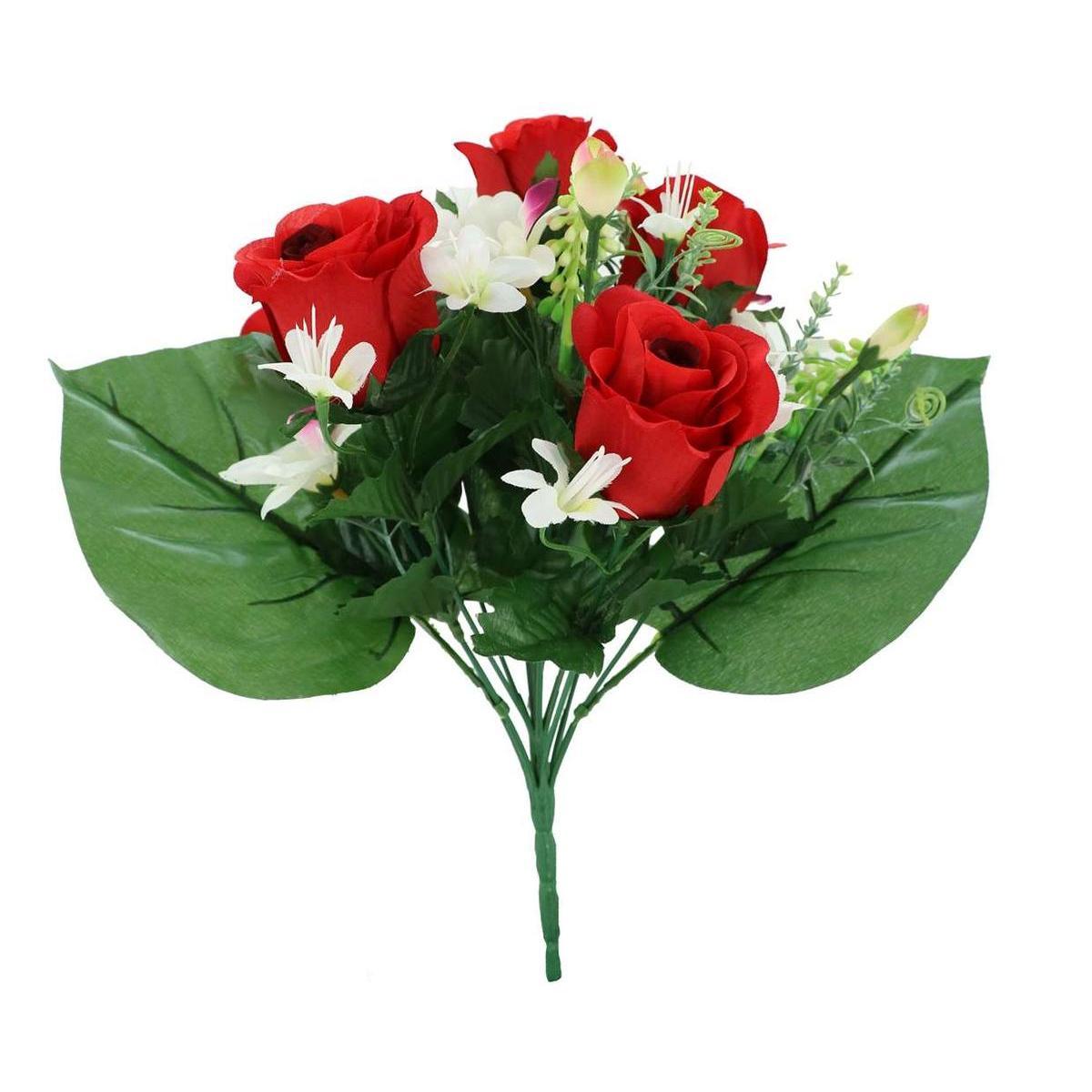 Bouquet de boutons de rose et mini fleurs synthétiques - H 35 cm - Vert, rouge