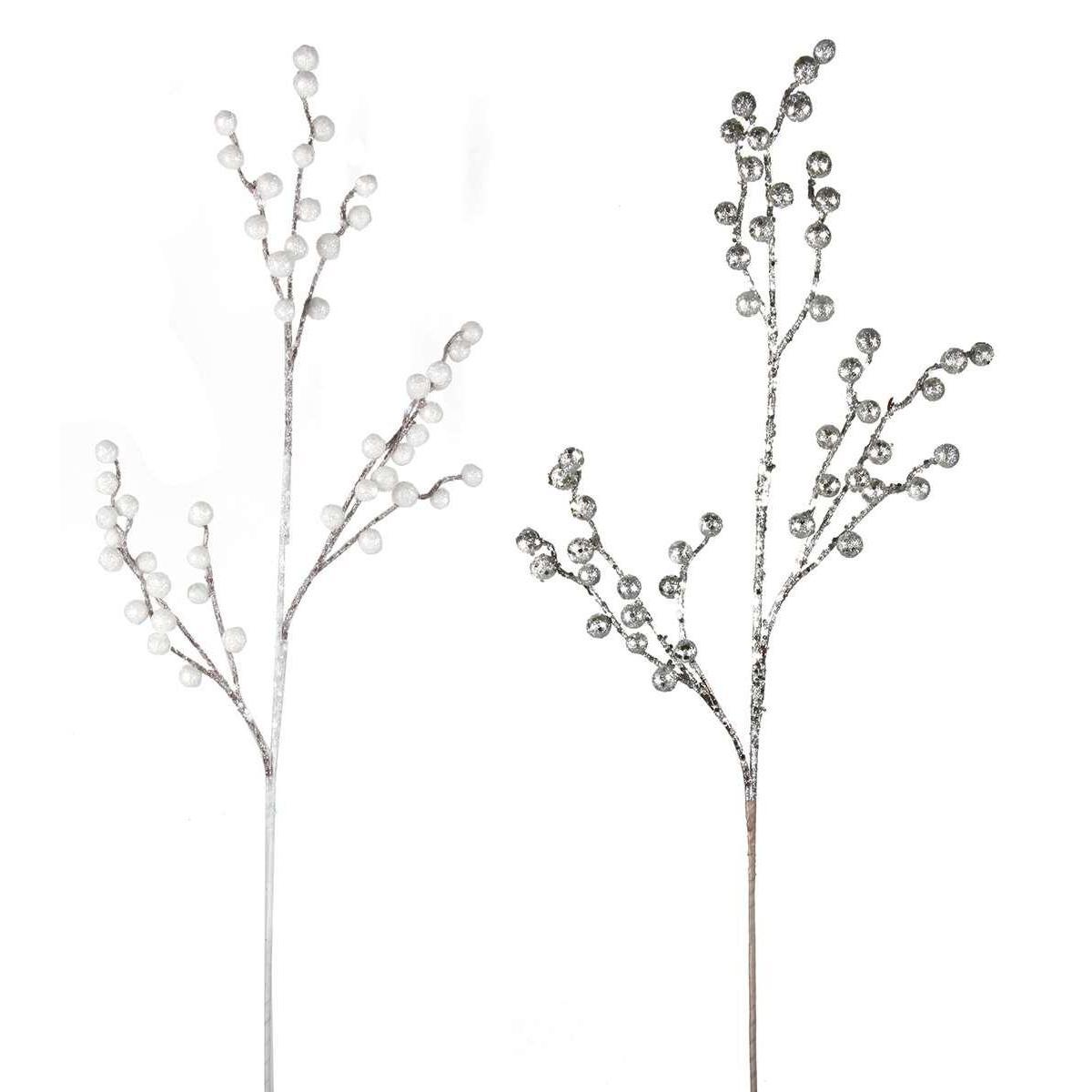 Branche de baies synthétique pailletée - H 82 cm - Argenté, blanc