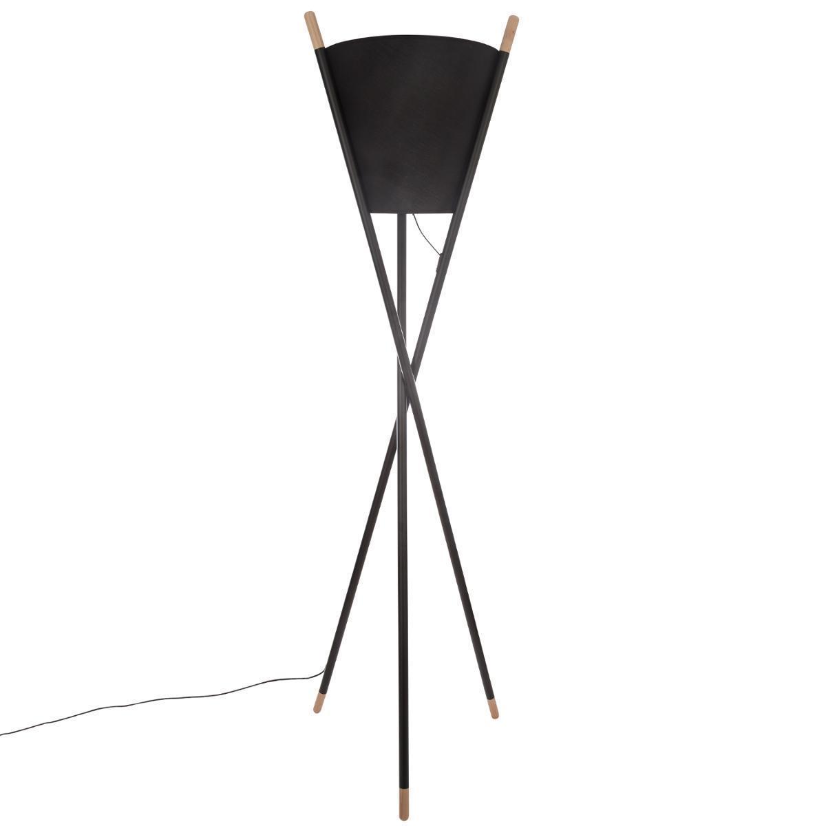 Lampadaire trépied métal bois noir H 165 cm