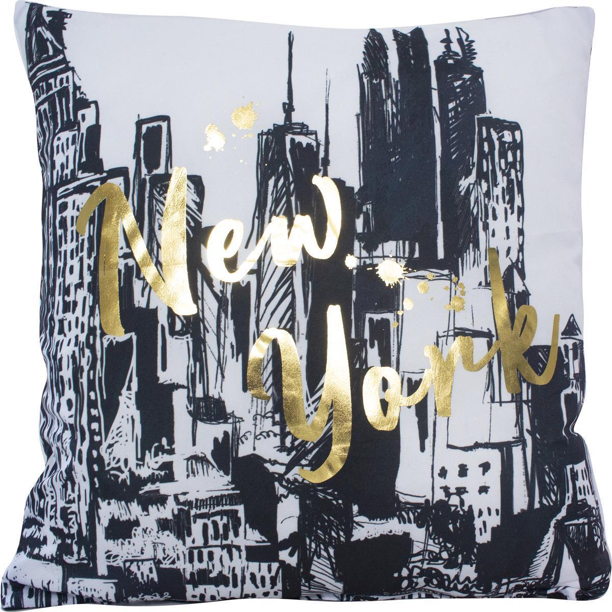 Coussin non-déhoussable imprimé New-York à reflets d'or - 40 x 40 cm - Jaune, noir, blanc