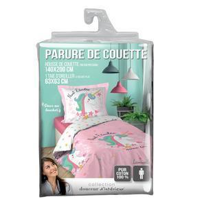 Parure de lit enfant une personne Licornella - L 200 x l 140 cm - Rose, vert, blanc