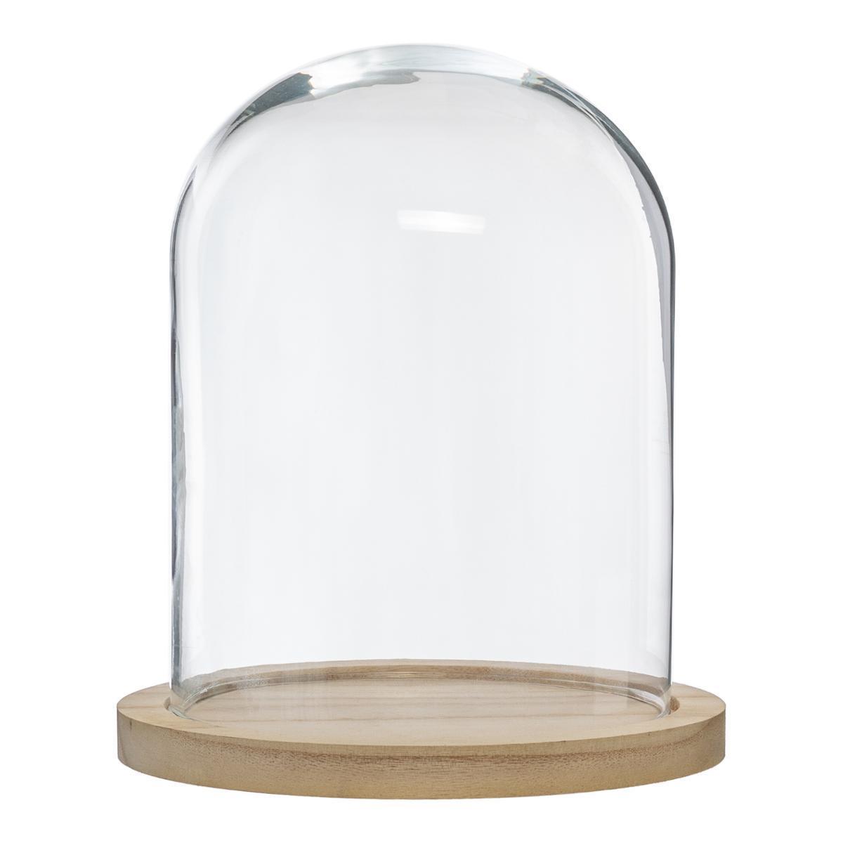 Cloche verre socle bois naturel H 29.5