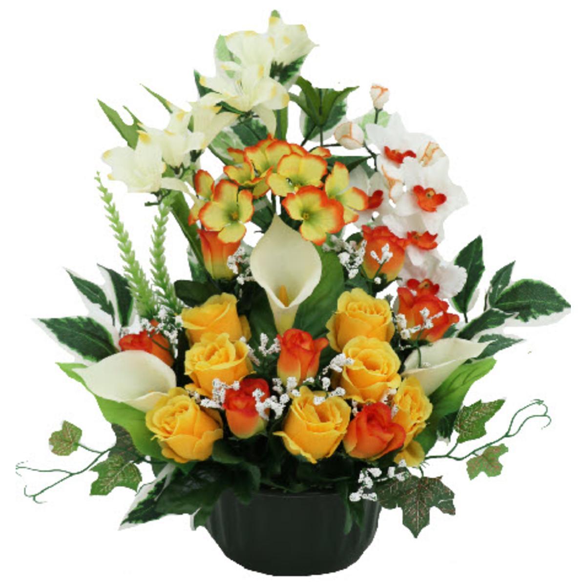 Composition de florale boutons de Roses & Arums - H 42 cm - Rose, Orange