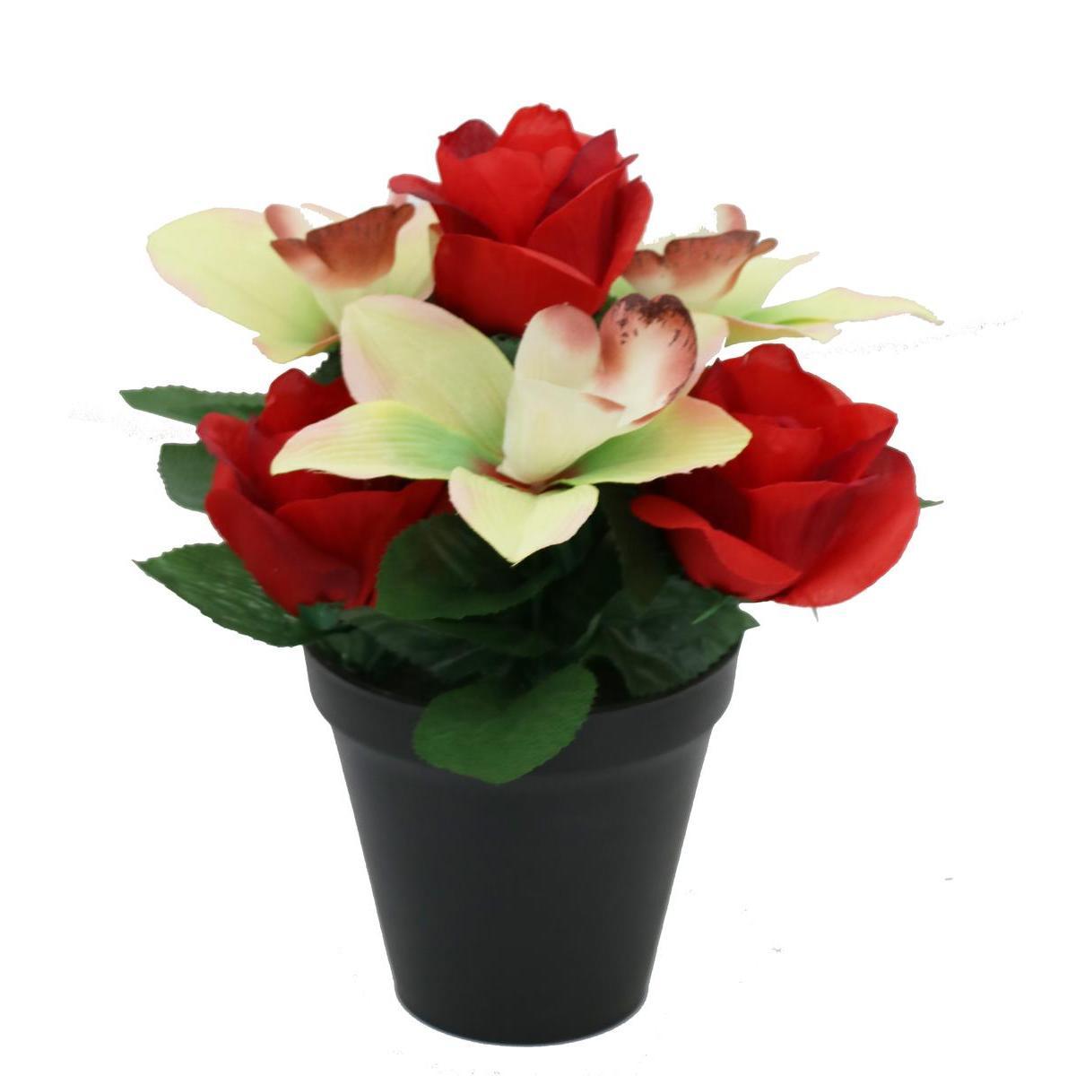 Orchidées et Roses en pot - H 23 cm - Rouge, Rose