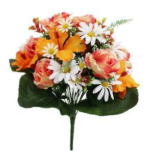 Bouquet de Roses et Hibiscus - H 43 cm - Orange, Rose