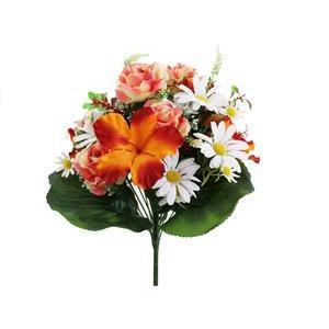 Bouquet de Roses et Hibiscus - H 43 cm - Orange, Rose