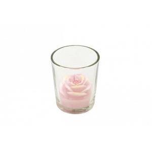 bougie rose dans pot en verre rose