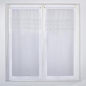 Paire de vitrage droit en voile sable blanc finition passe-tringle top strass 2 x 60 x 90 cm