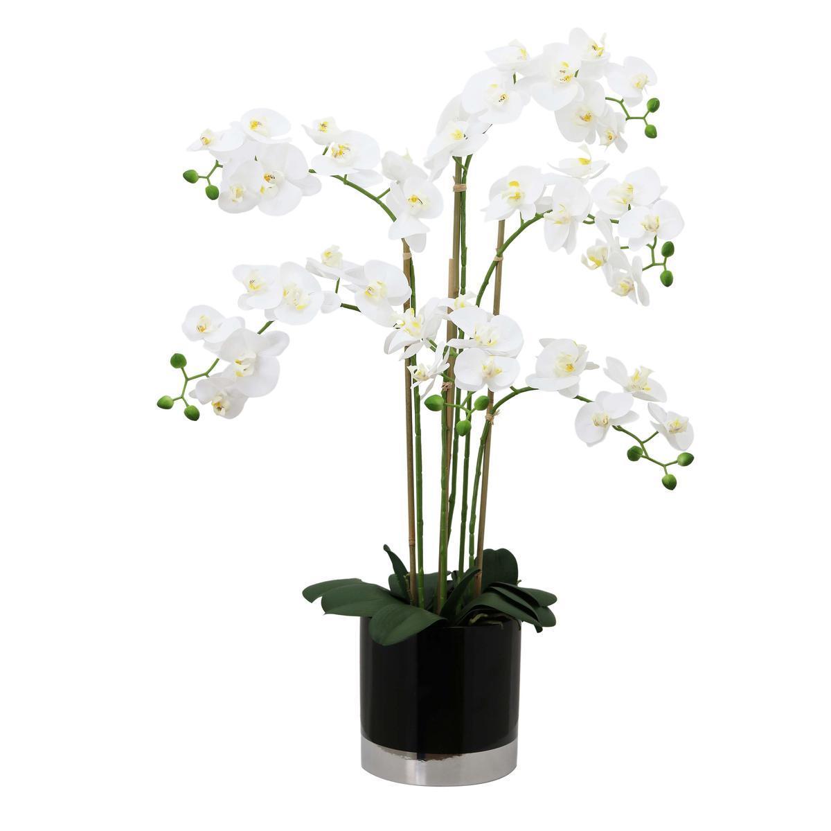 Orchidée synthétique 6 branches + pot - H 80 cm - Blanc
